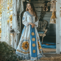 Vintage Sunflower Gradient Lace Patchwork Art Linen V-neck Maxi Dress elevenforest