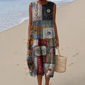 Vintage Loose Vintage Elegant Floral Patchwork Art Linen Tank Dress elevenforest