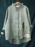 Comstylish Upstream Carp Japanese Art Ruffle Trim Linen Blouse