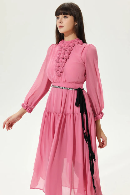Lantern Sleeve Crew Collar Three-dimensional Flower Tapered Waist Midi Dress Pink