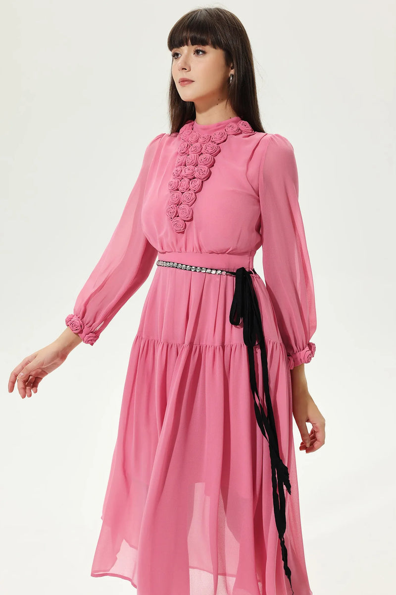 Lantern Sleeve Crew Collar Three-dimensional Flower Tapered Waist Midi Dress Pink