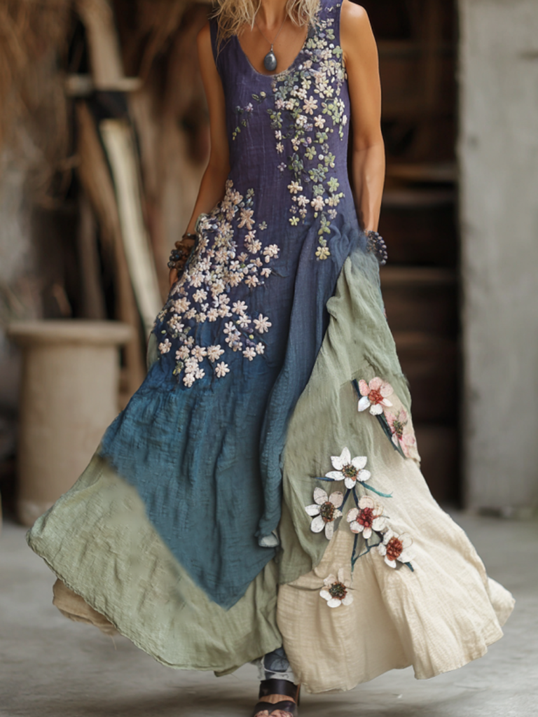 Classy Gradient Japanese Sakura Cherry Blossoms Embroidered Pattern Linen Round Neck Long Dress elevenforest