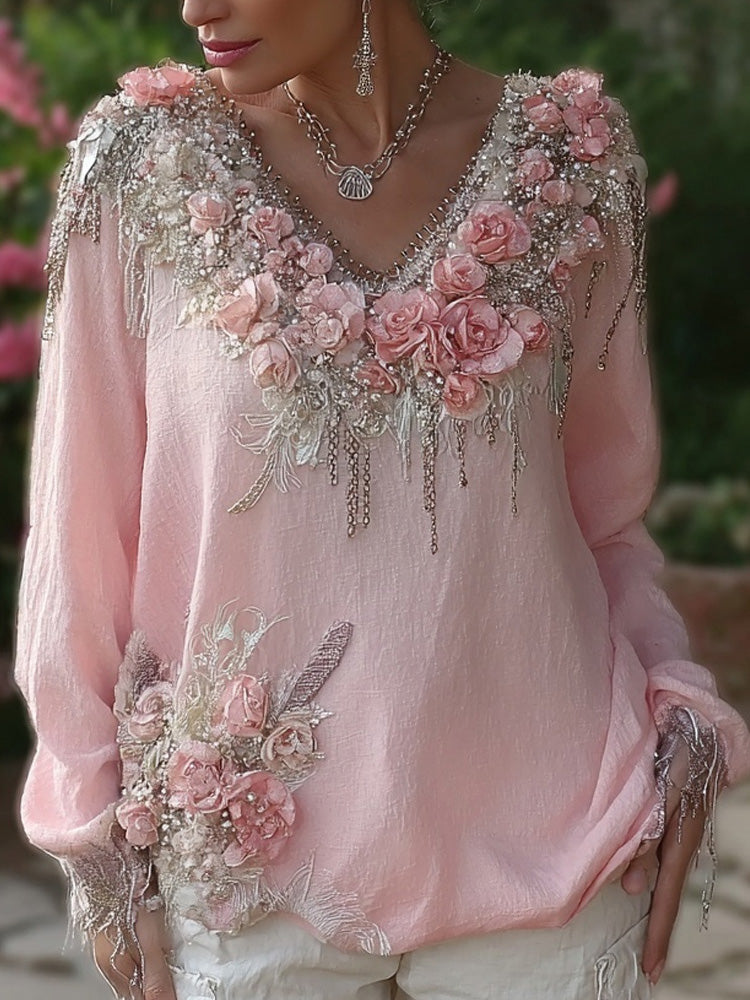 Vintage Boho Roses Art Glitter Cozy Linen Tunic elevenforest