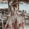 Vintage Rose Floral Embroidered V Neck Casual Maxi Dress elevenforest