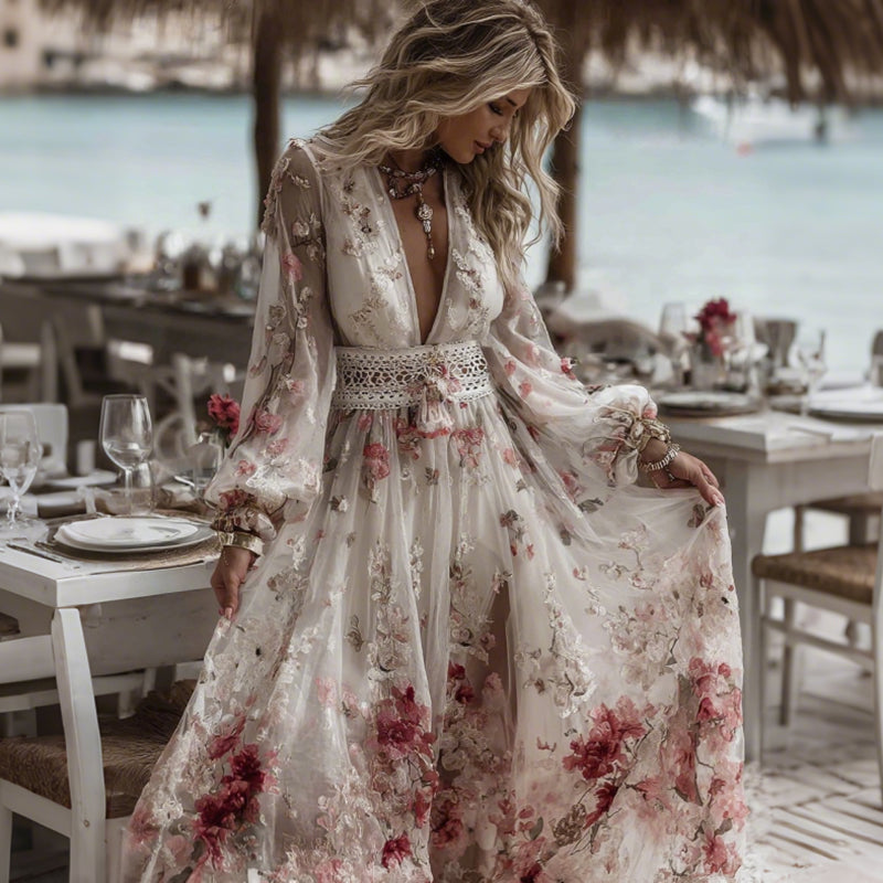 Vintage Rose Floral Embroidered V Neck Casual Maxi Dress elevenforest