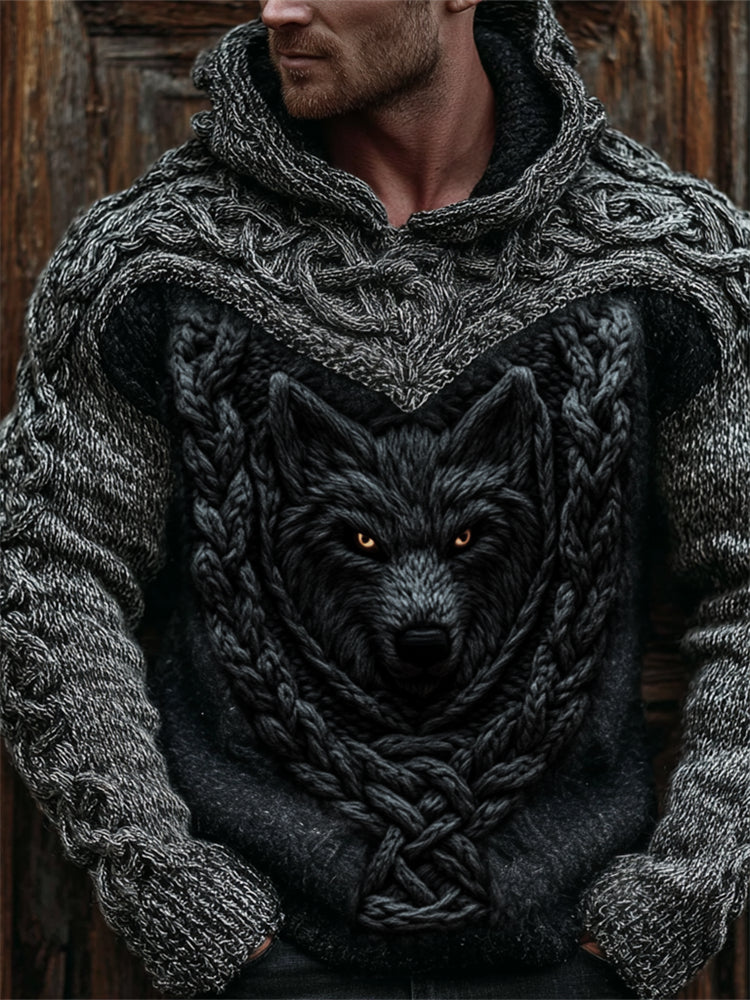 Men's Viking Wolf Celtic Crochet Hooded Cozy Chunky Sweater elevenforest