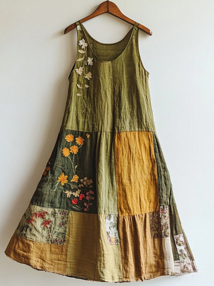 Floral Embroidered Art Linen Blend Patchwork Dress elevenforest