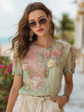 Vintage Pink Roses Embroidered Patchwork Cozy T Shirt elevenforest
