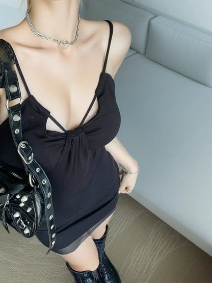 Summer Mini Dress Patchwork Mesh Sling Camisole Black Dresses Bodycon Sleeveless Club Sundress Female Wear