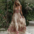 Women's Vintage Pink Rose Embroidery Art V-neck Suspender Maxi Dress elevenforest