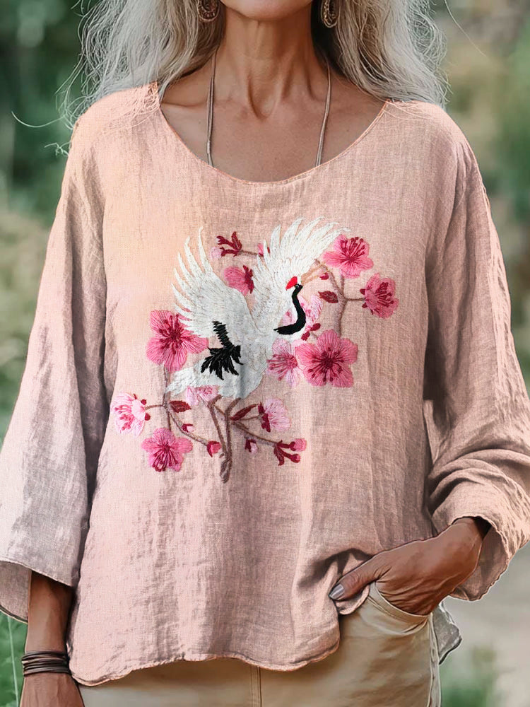 Sakura & Crane Embroidered Women's Linen Loose Shirt elevenforest