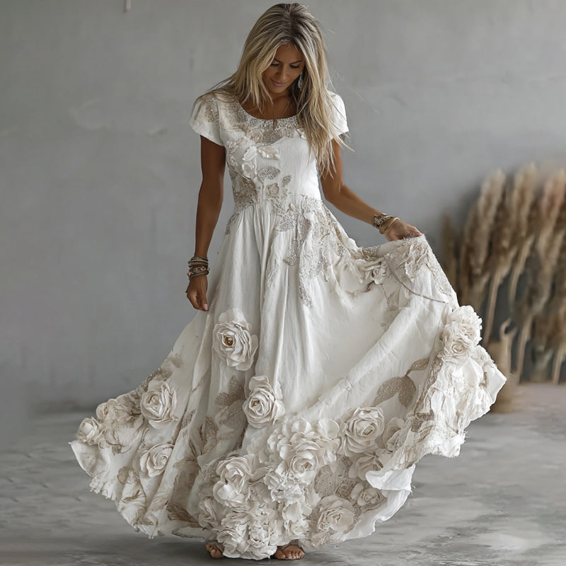 Women's Vintage White Rose Embroidery Art Round Neck Short Sleeve Maxi Dress elevenforest