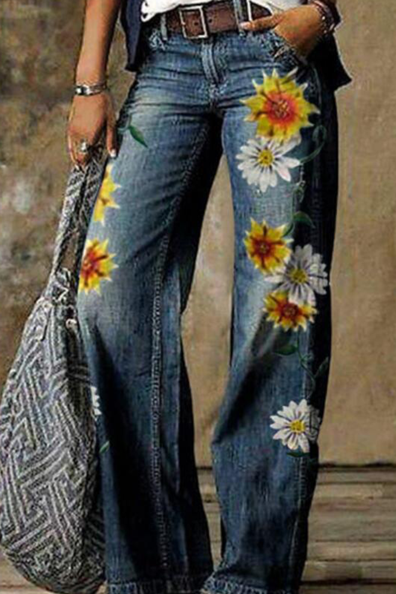 Print Patchwork Boot Cut Denim Jeans(8 Colors)