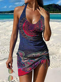 Retro Pattern Print Pleated Drawstring V-neck Tankini Pantskirt Set Swimsuit