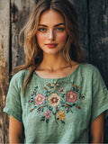 Boho Ethnic Floral Embroidery Women's Linen T-shirt elevenforest
