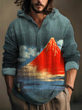 Japanese Art Mount Fuji Print Linen Blend Vintage Hooded elevenforest