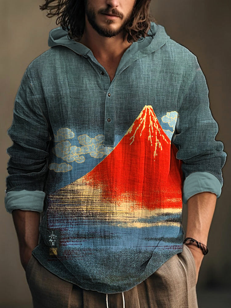 Japanese Art Mount Fuji Print Linen Blend Vintage Hooded elevenforest