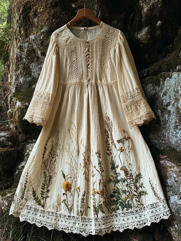 Vintage Floral Embroidered Linen Blend Lace Maxi Dress elevenforest