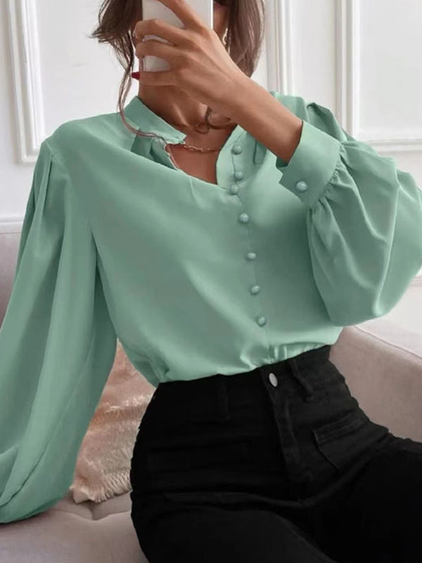 Loose Puff Sleeves Pleated Color Split-joint Stand Collar Blouses