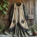 Women's Retro Tribal Star And Moon Splicing Cotton And Linen Long Dress elevenforest