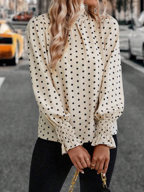 Long Sleeves Loose Elasticity Hollow Pleated Polka-dot Mock Neck Blouses&shirts Tops