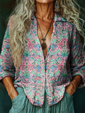Women's Hippie Art Floral Print V-Neck Shirt