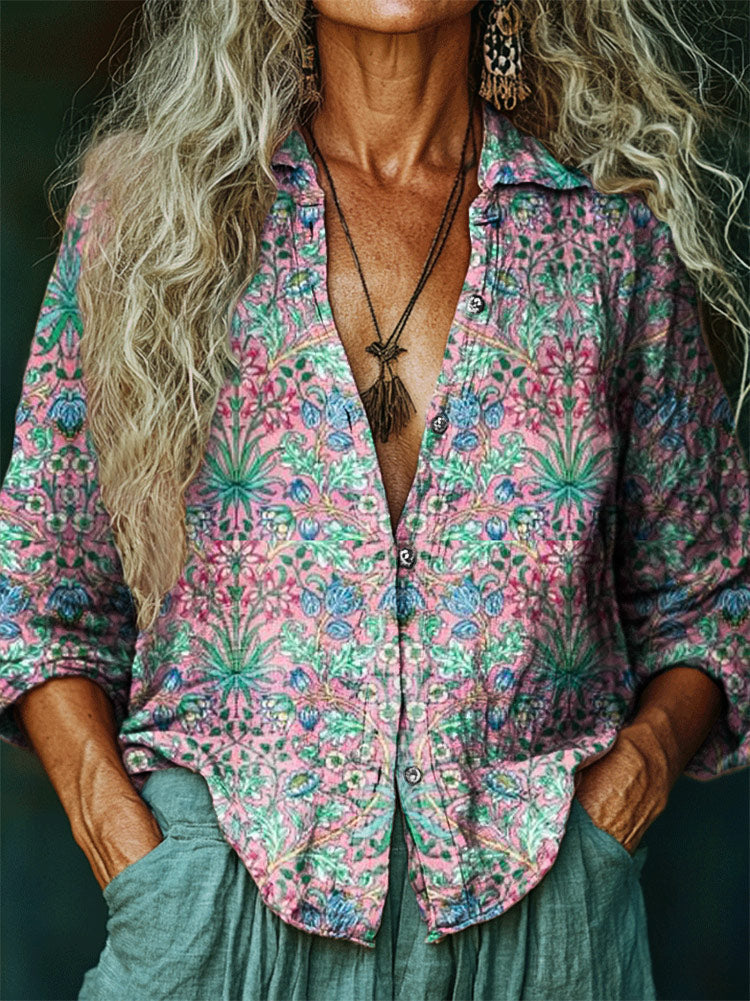Women's Hippie Art Floral Print V-Neck Shirt