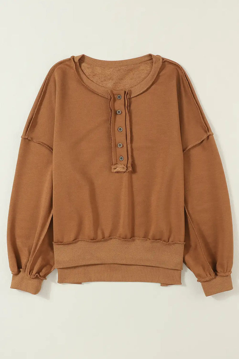 Brown Drop Shoulder Henley Sweatshirt