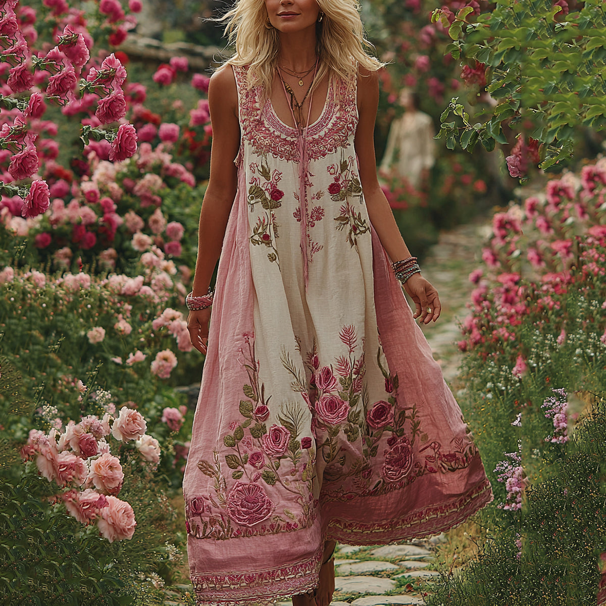 Pink Floral Embroidered Cozy Linen Tank Maxi Dress elevenforest