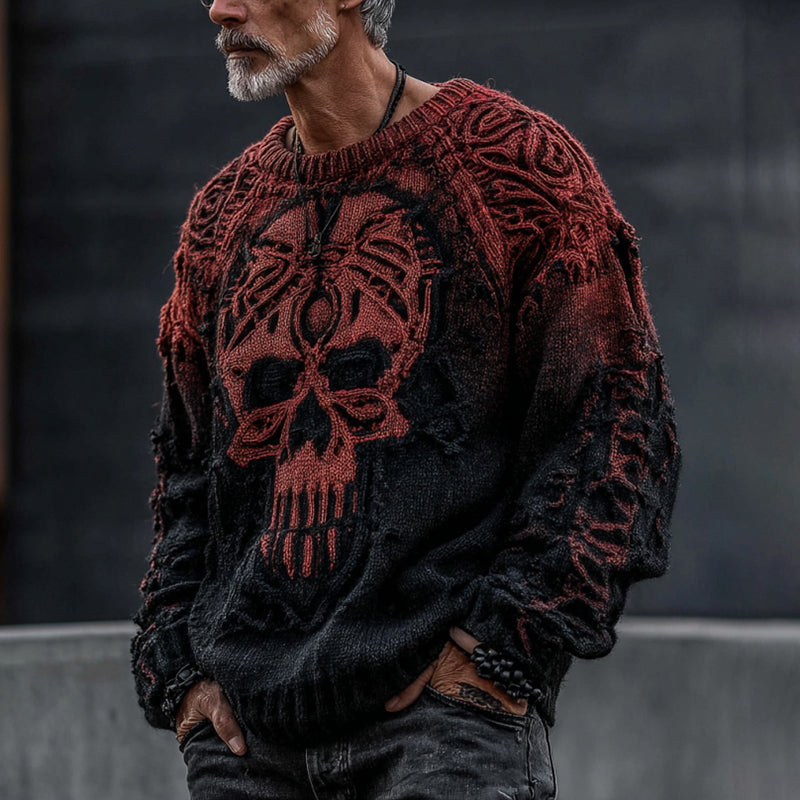 Men's Halloween Skull Gradient Cozy Knit Pullover Sweater elevenforest