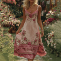 Women Vintage Pink Floral Art V Neck Linen Maxi Dress elevenforest