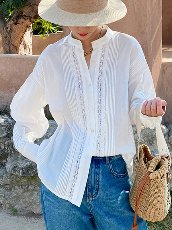 Long Sleeves Loose Buttoned Pleated Color Split-joint Stand Collar Blouses&shirts Tops