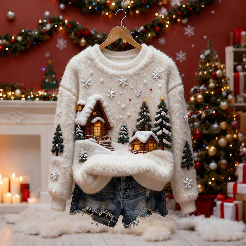Comstylish Christmas Snow Scene Women's Comfortable Plush Sweater