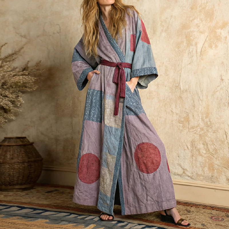 Women's Japanese Art  Linen V-neck Robe elevenforest