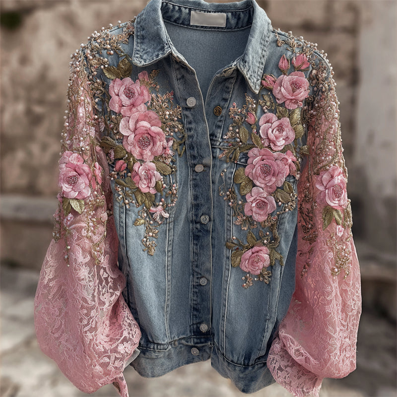 Vintage Pink Flowers Glitter Embroidered Denim Jacket elevenforest