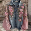 Vintage Pink Flowers Glitter Embroidered Denim Jacket elevenforest