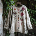 Retro Bohemian Art Floral Embroidery Print Cotton And Linen Blend Loose Blouse elevenforest
