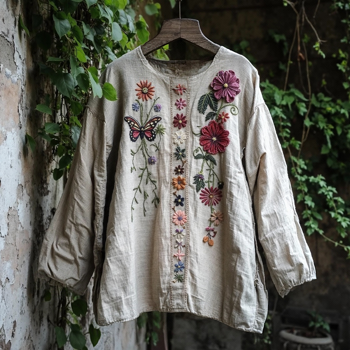 Retro Bohemian Art Floral Embroidery Print Cotton And Linen Blend Loose Blouse elevenforest