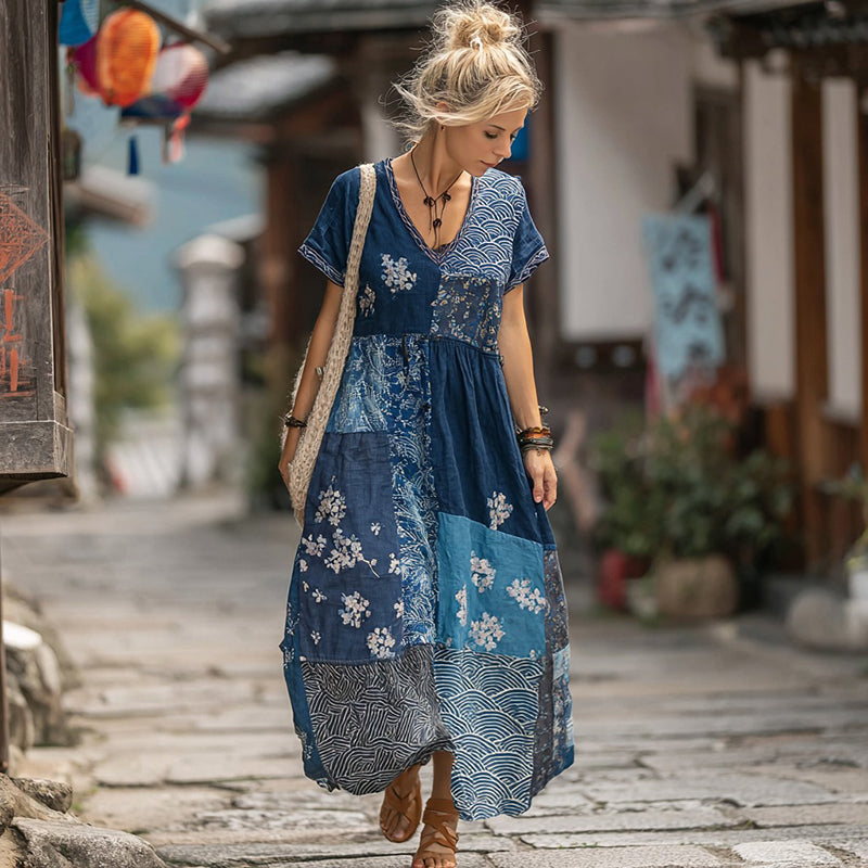 Women's Japanese-style Floral Print Casual Long Dress elevenforest