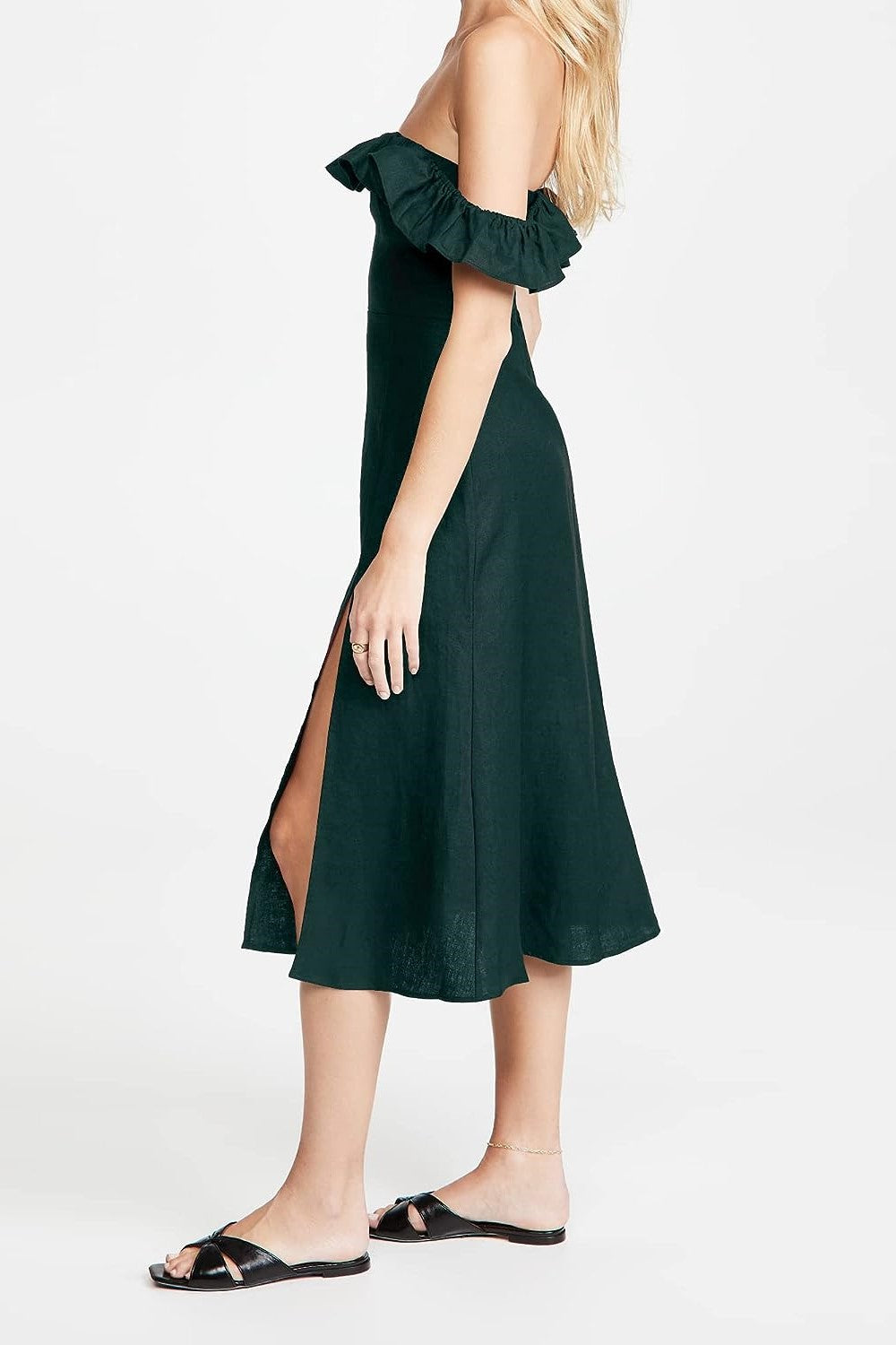 Ruffle Hem Square Collar Slit Midi Dress Green