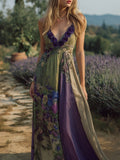 Vintage Purple Roses Embroidered Patchwork Linen Maxi Dress elevenforest