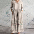 Comstylish Women's Vintage Floral Embroidered Lace Art Linen Dress