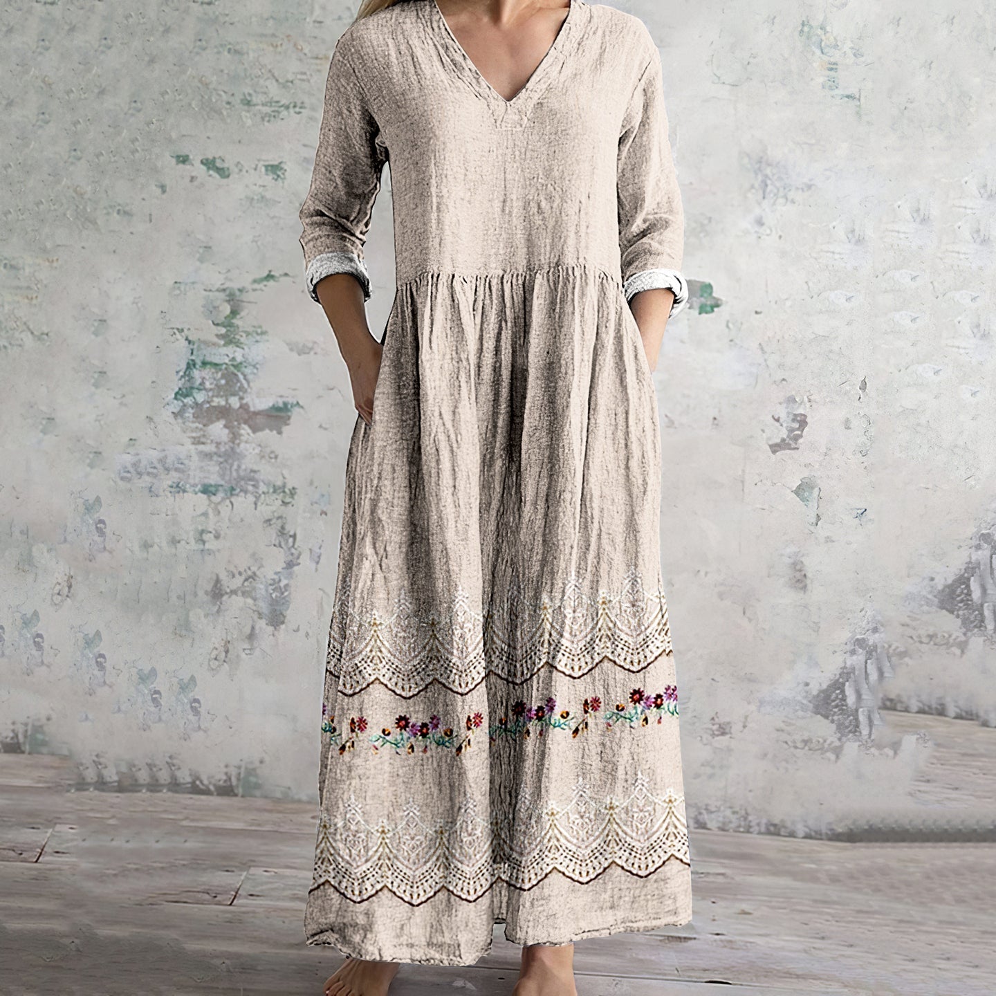 Women's Vintage Floral Embroidered Lace Art Linen Dress elevenforest