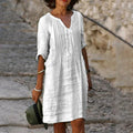 Women Vintage Pleated Art Casual V Neck Midi Dress elevenforest