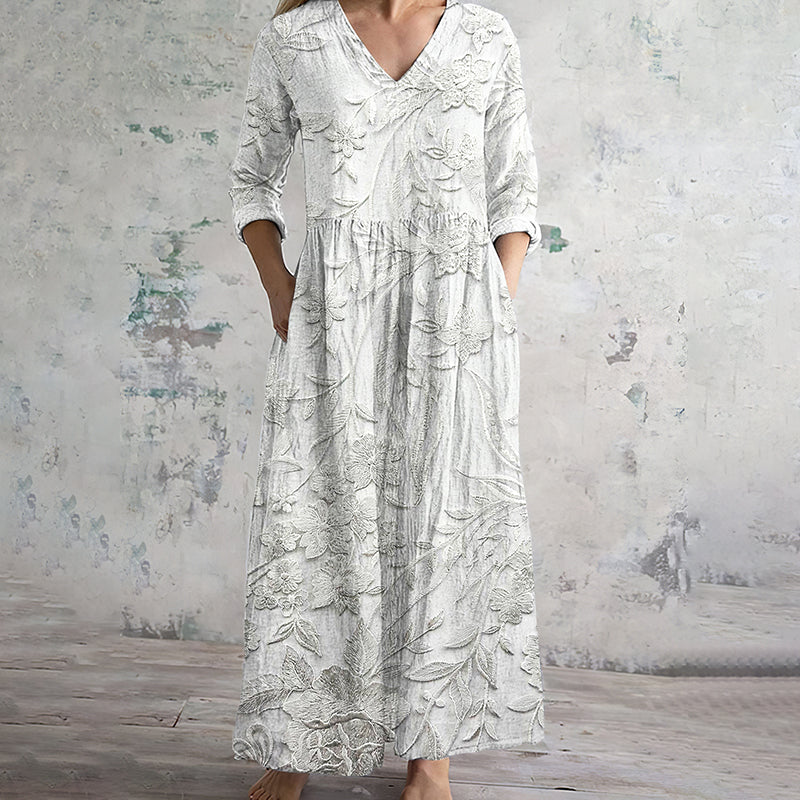 Vintage Floral Embroidery Women's Linen Dress elevenforest