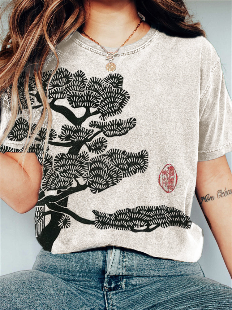 Pine Tree Japanese Lino Art Vintage T Shirt elevenforest