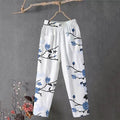 Comstylish Japanese Flower Art Print Linen Blend Casual Pocket Pants