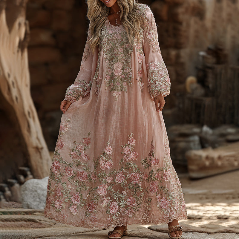 Women's Vintage Rose Floral Embroidered Elegant Dress elevenforest