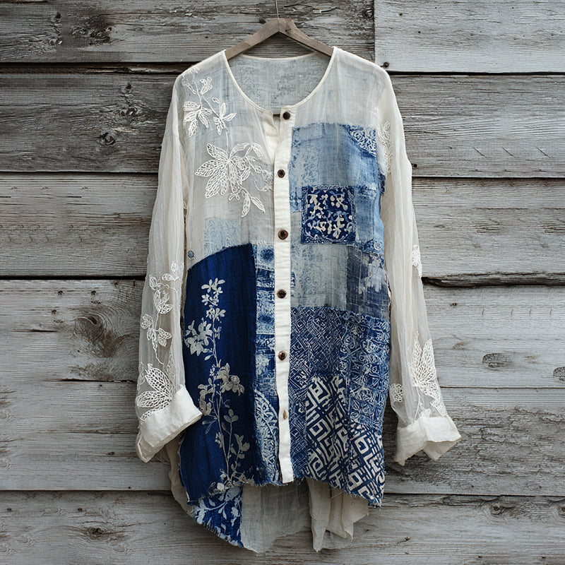 Vintage Lace Floral Embroidery Patchwork Linen Women's Long Sleeve Shirt elevenforest