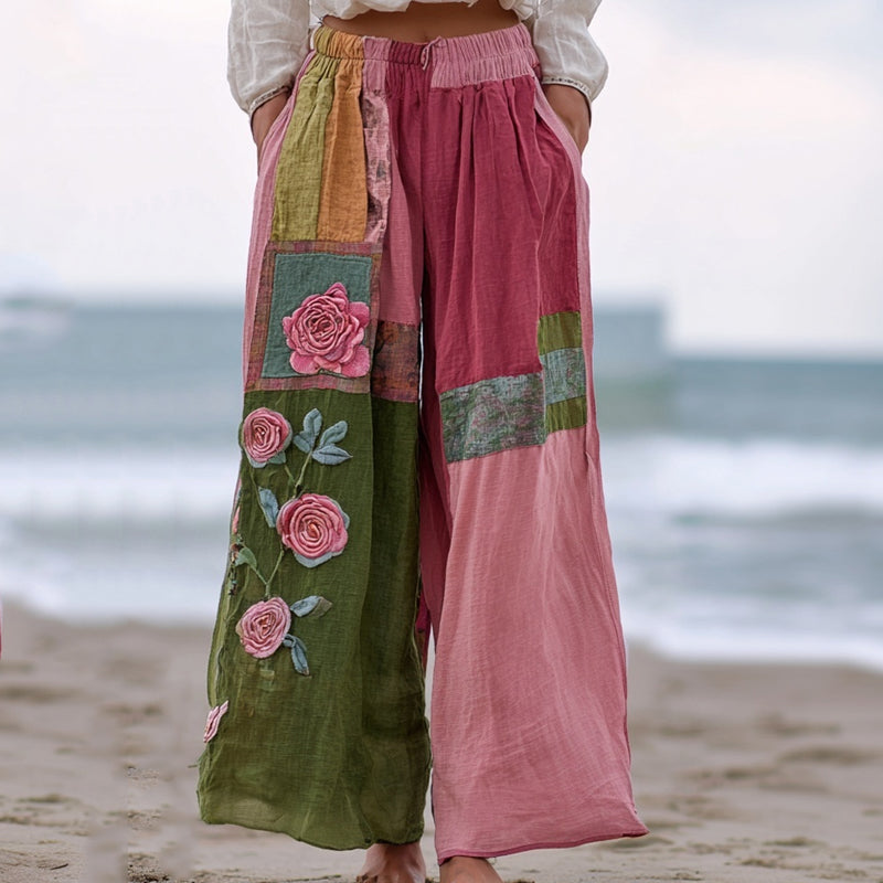 Vintage Pink Roses Embroidered Patchworkr Linen Pants elevenforest